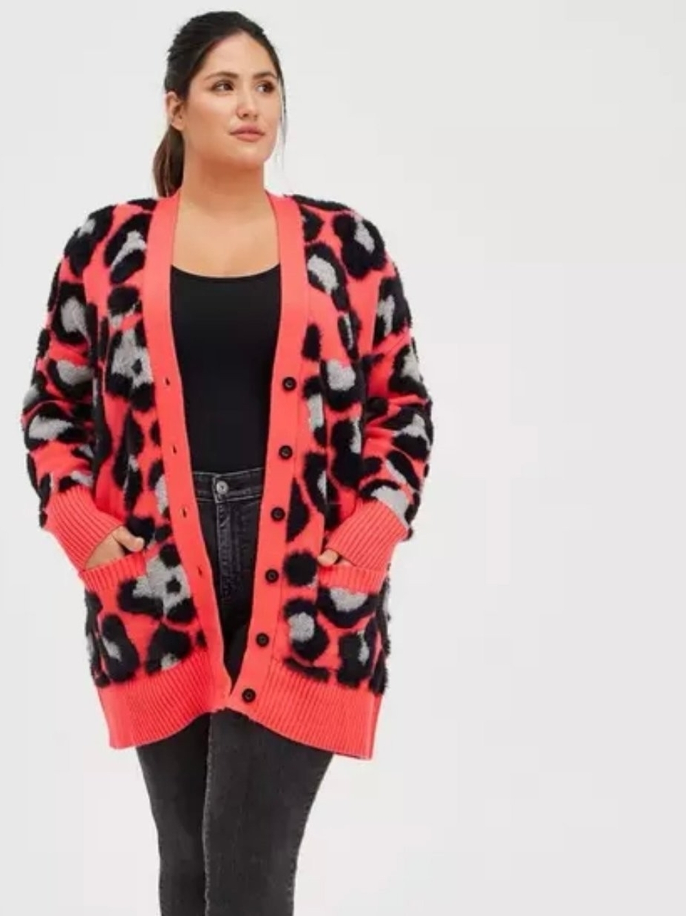 torrid Coral & Black Leopard Print Button-Front Cardigan with Light Gray Accents